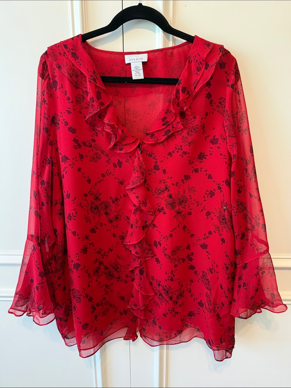 Avenue Red Floral Ruffled V-Neck Blouse
